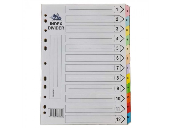 12 Colour Paper Index Divider A4 with Number - 4 Set Pack